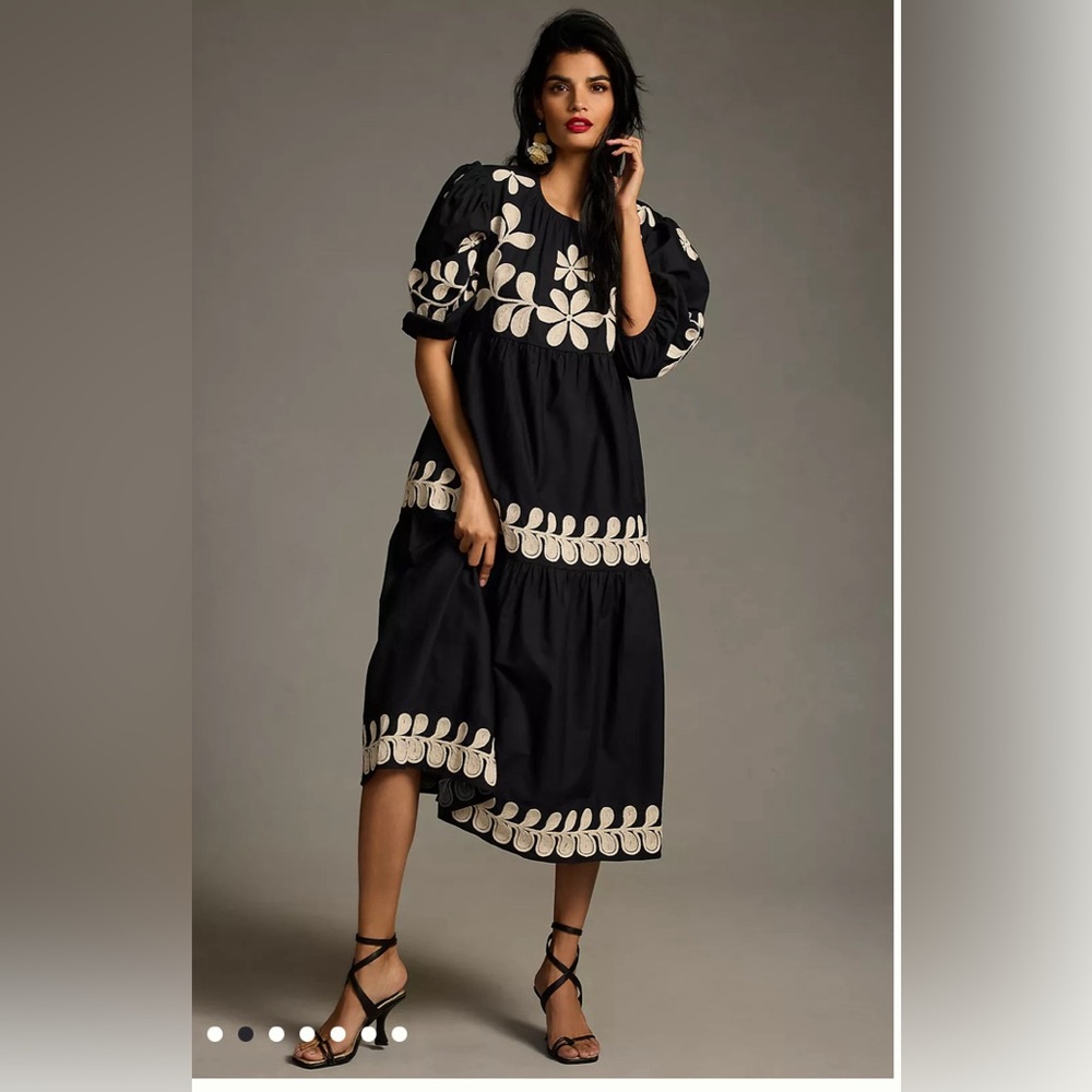 NWT Anthropologie Embroidered Puff-Sleeve Midi Dress
